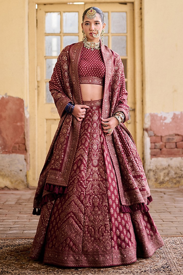 Maroon Premium Vegan Silk Zari Work Paneled Wedding Lehenga Set by Safaa at Pernia's Pop Up Shop