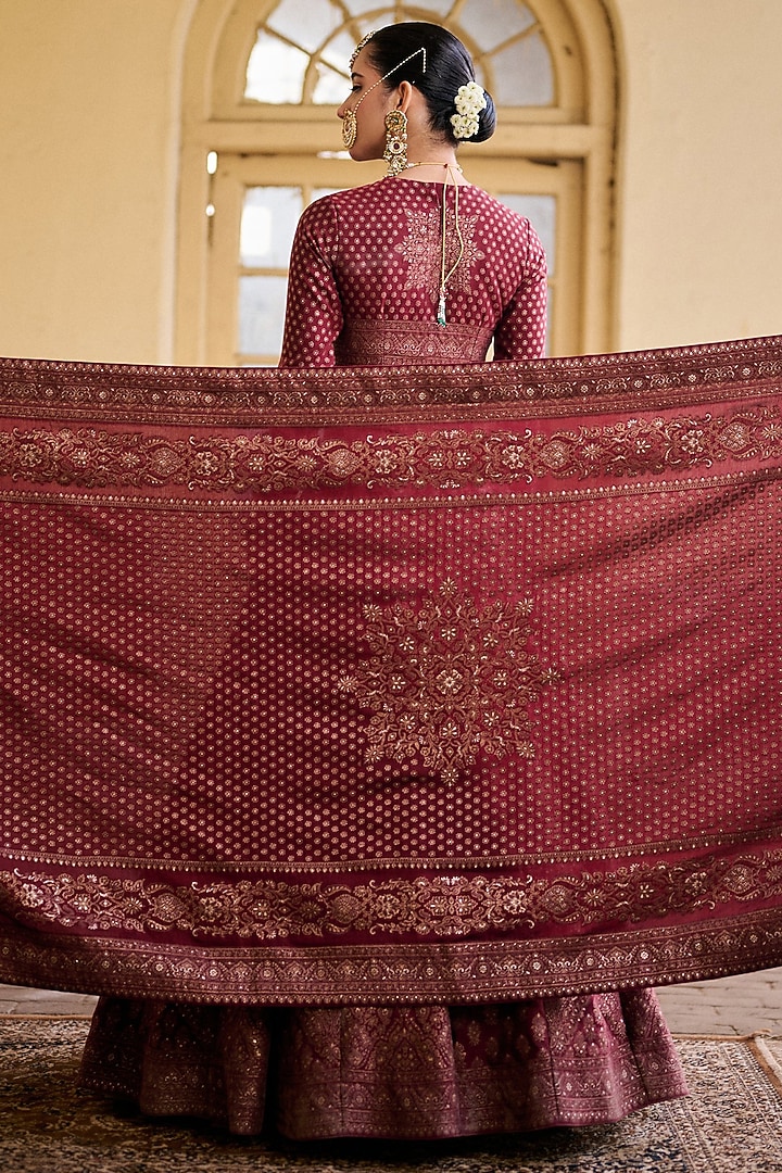 Maroon Premium Vegan Silk Zari Work Paneled Wedding Lehenga Set by Safaa at Pernia's Pop Up Shop