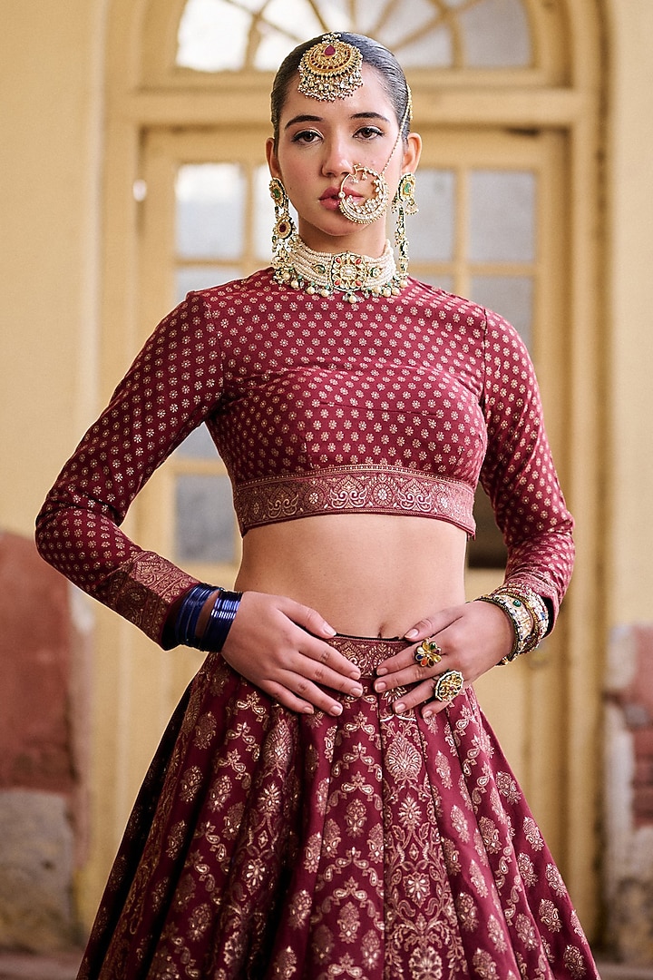 Maroon Premium Vegan Silk Zari Work Paneled Wedding Lehenga Set by Safaa at Pernia's Pop Up Shop
