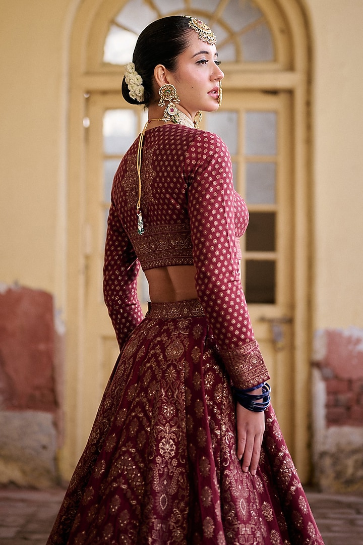 Maroon Premium Vegan Silk Zari Work Paneled Wedding Lehenga Set by Safaa at Pernia's Pop Up Shop