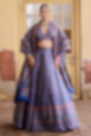Ink Blue Premium Moonga Silk Weave Embroidered Ajrakh Wedding Lehenga Set by Safaa at Pernia's Pop Up Shop