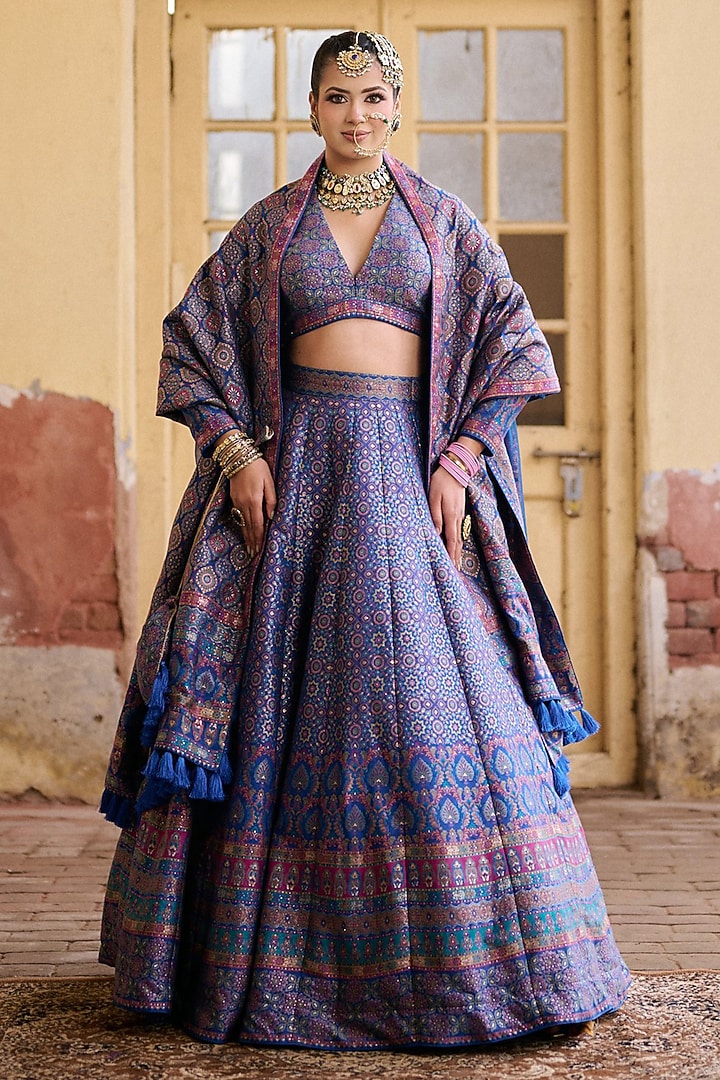 Ink Blue Premium Moonga Silk Weave Embroidered Ajrakh Wedding Lehenga Set by Safaa at Pernia's Pop Up Shop