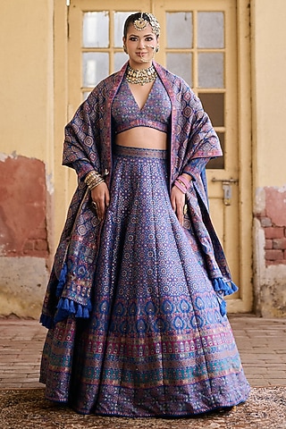 Ink Blue Premium Moonga Silk Weave Embroidered Ajrakh Lehenga Set by Safaa