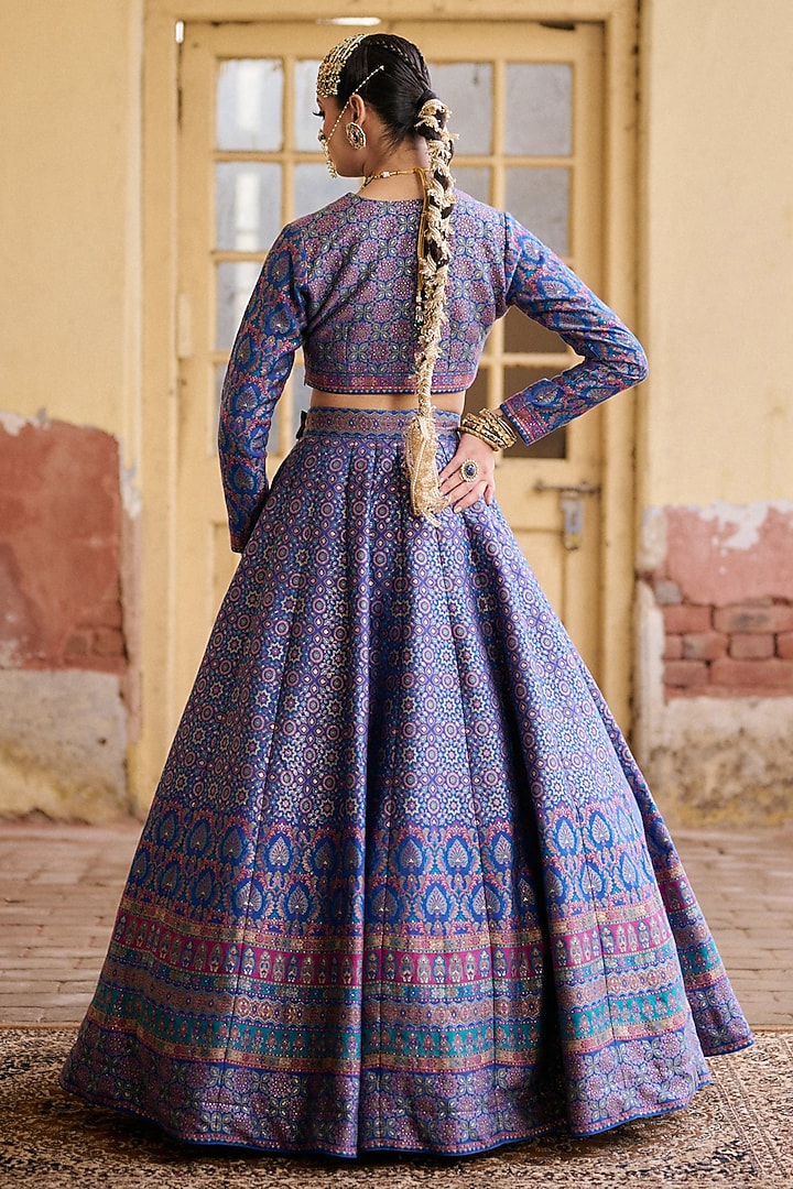 Ink Blue Premium Moonga Silk Weave Embroidered Ajrakh Wedding Lehenga Set by Safaa at Pernia's Pop Up Shop