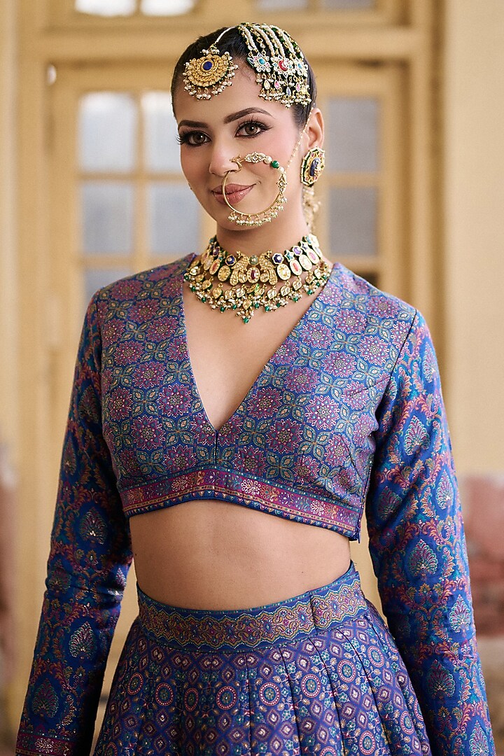 Ink Blue Premium Moonga Silk Weave Embroidered Ajrakh Wedding Lehenga Set by Safaa at Pernia's Pop Up Shop