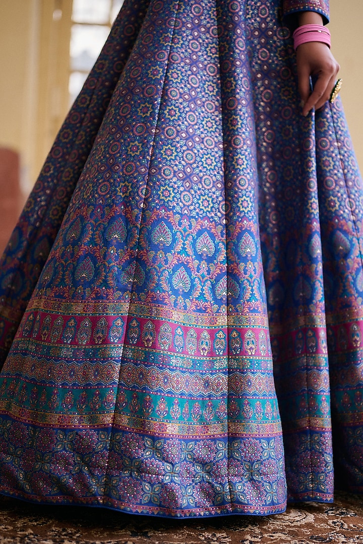 Ink Blue Premium Moonga Silk Weave Embroidered Ajrakh Wedding Lehenga Set by Safaa at Pernia's Pop Up Shop