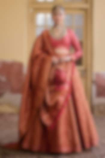 Orange & Fuchsia Pink Premium Moonga Silk Weave Embroidered Woven Wedding Lehenga Set by Safaa at Pernia's Pop Up Shop