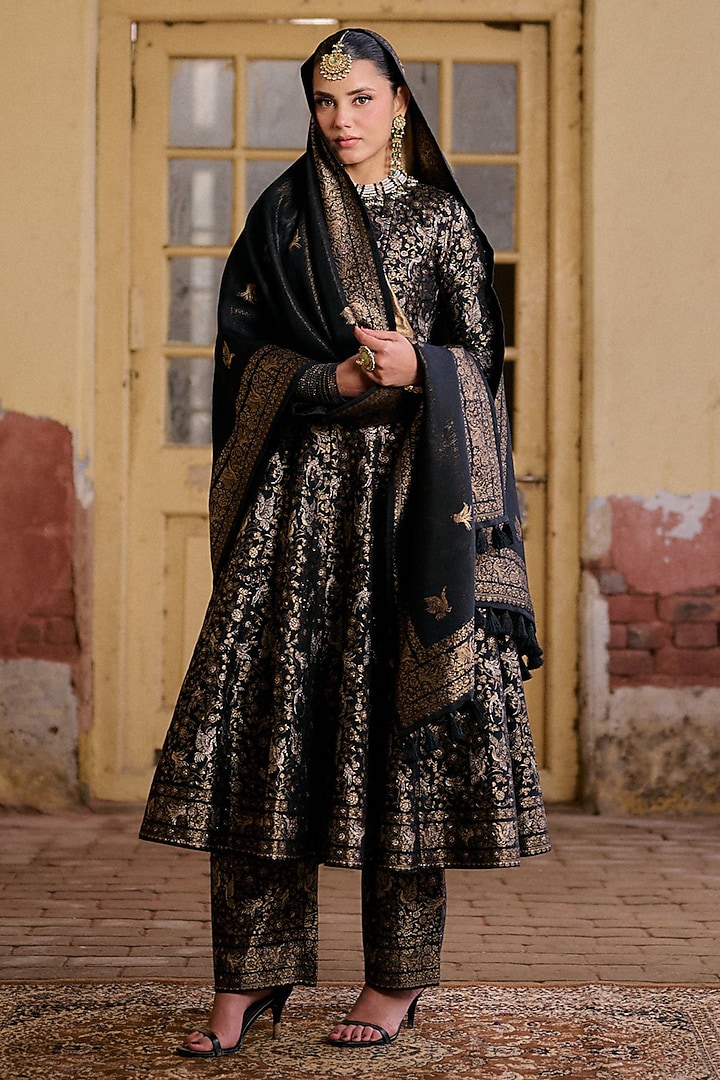 Black Premium Vegan Silk Motif Embroidered Wedding Anarkali Set by Safaa at Pernia's Pop Up Shop