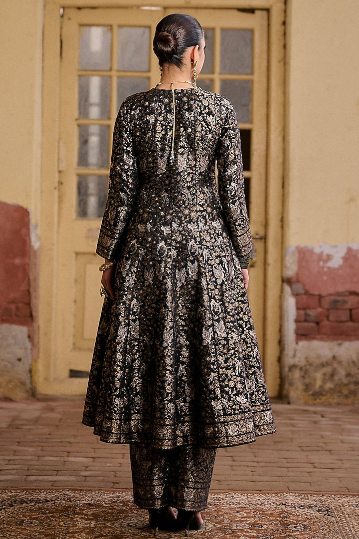 Black Premium Vegan Silk Motif Embroidered Wedding Anarkali Set by Safaa at Pernia's Pop Up Shop
