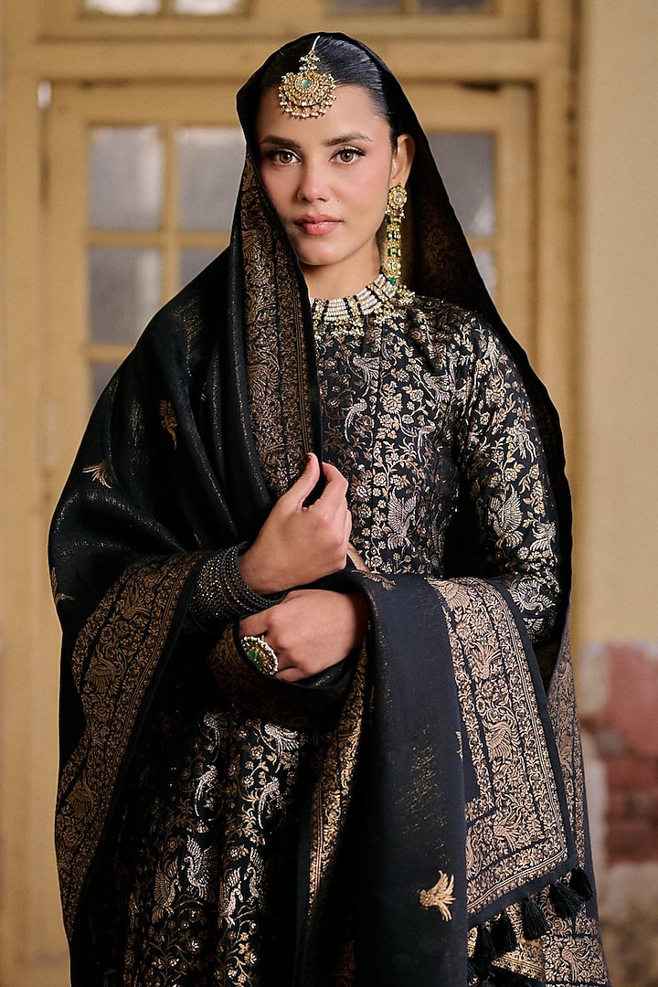 Black Premium Vegan Silk Motif Embroidered Wedding Anarkali Set by Safaa at Pernia's Pop Up Shop