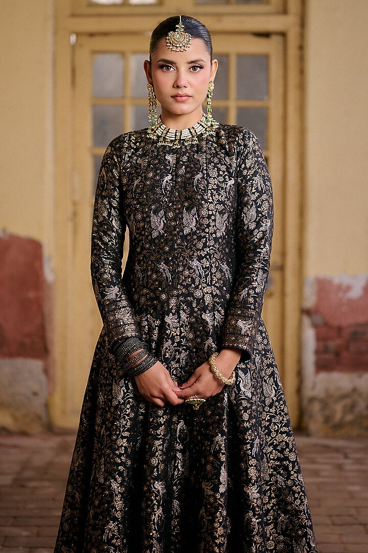 Black Premium Vegan Silk Motif Embroidered Wedding Anarkali Set by Safaa at Pernia's Pop Up Shop