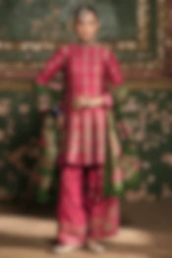 Magenta Premium Moonga Silk Weave Embroidered Kalidar Kurta Set by Safaa at Pernia's Pop Up Shop