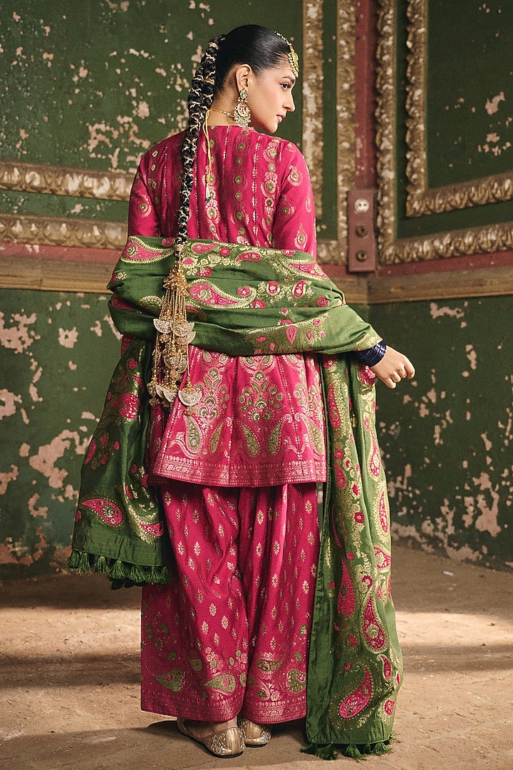 Magenta Premium Moonga Silk Weave Embroidered Kalidar Kurta Set by Safaa at Pernia's Pop Up Shop