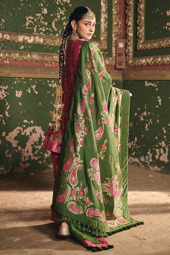 Magenta Premium Moonga Silk Weave Embroidered Kalidar Kurta Set by Safaa at Pernia's Pop Up Shop