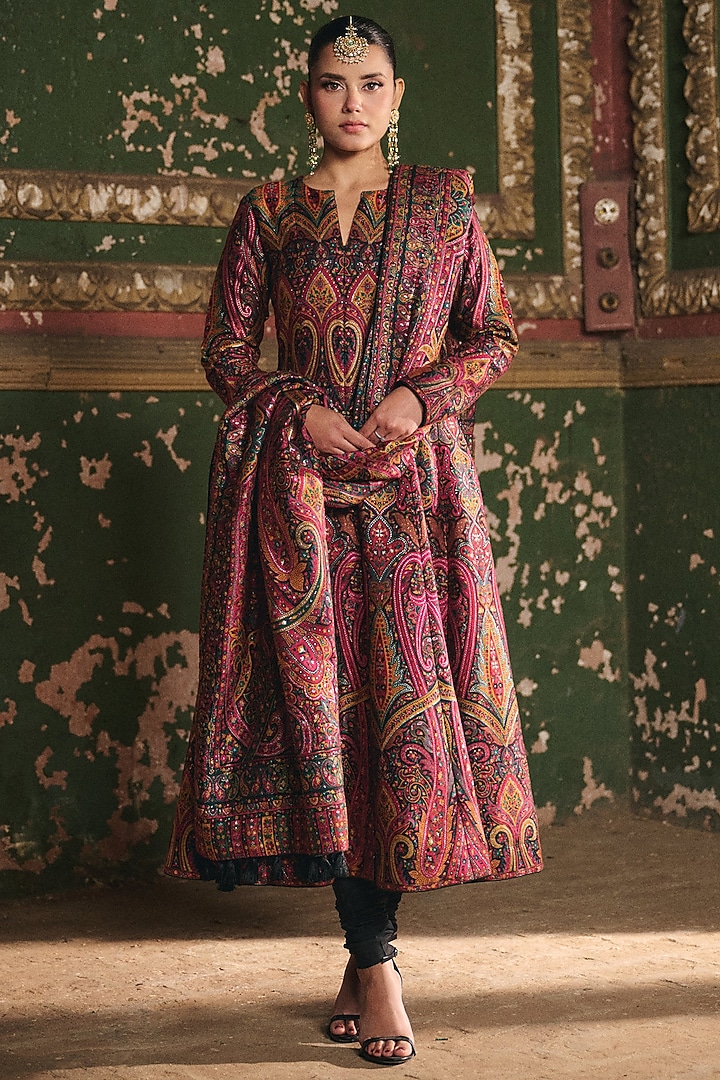 Multi-Colored Premium Moonga Silk Weave Embroidered Wedding Anarkali Set by Safaa at Pernia's Pop Up Shop