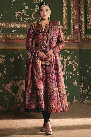 Multi-Colored Premium Moonga Silk Weave Embroidered Anarkali Set by Safaa