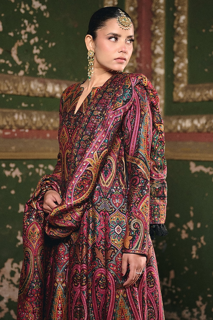 Multi-Colored Premium Moonga Silk Weave Embroidered Wedding Anarkali Set by Safaa at Pernia's Pop Up Shop