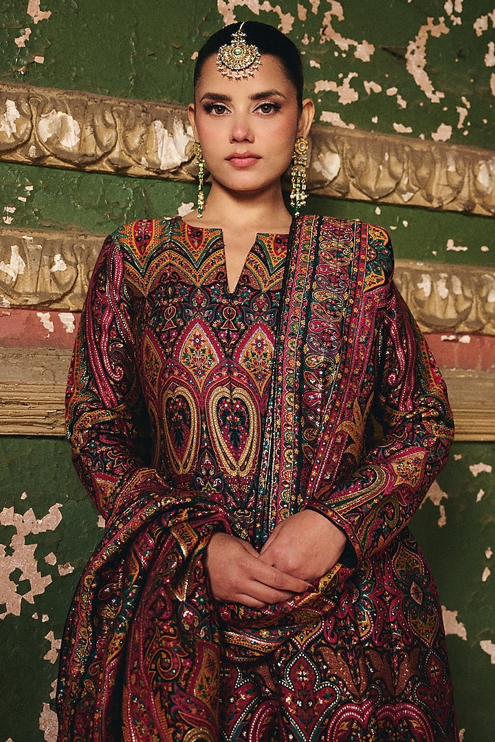 Multi-Colored Premium Moonga Silk Weave Embroidered Wedding Anarkali Set by Safaa at Pernia's Pop Up Shop