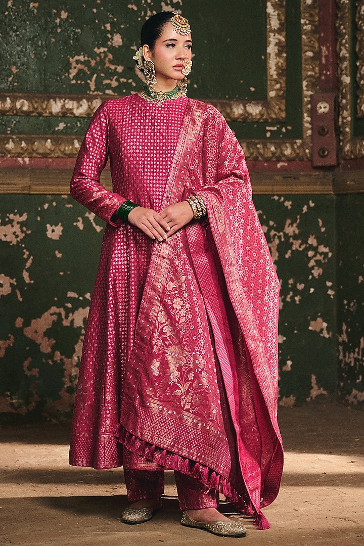 Magenta Premium Vegan Silk Hand Block Printed Wedding Anarkali Set by Safaa at Pernia's Pop Up Shop