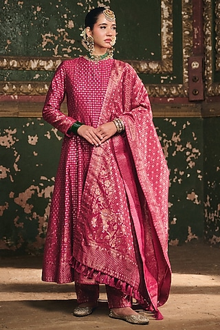 Magenta Premium Vegan Silk Hand Block Printed Anarkali Set by Safaa
