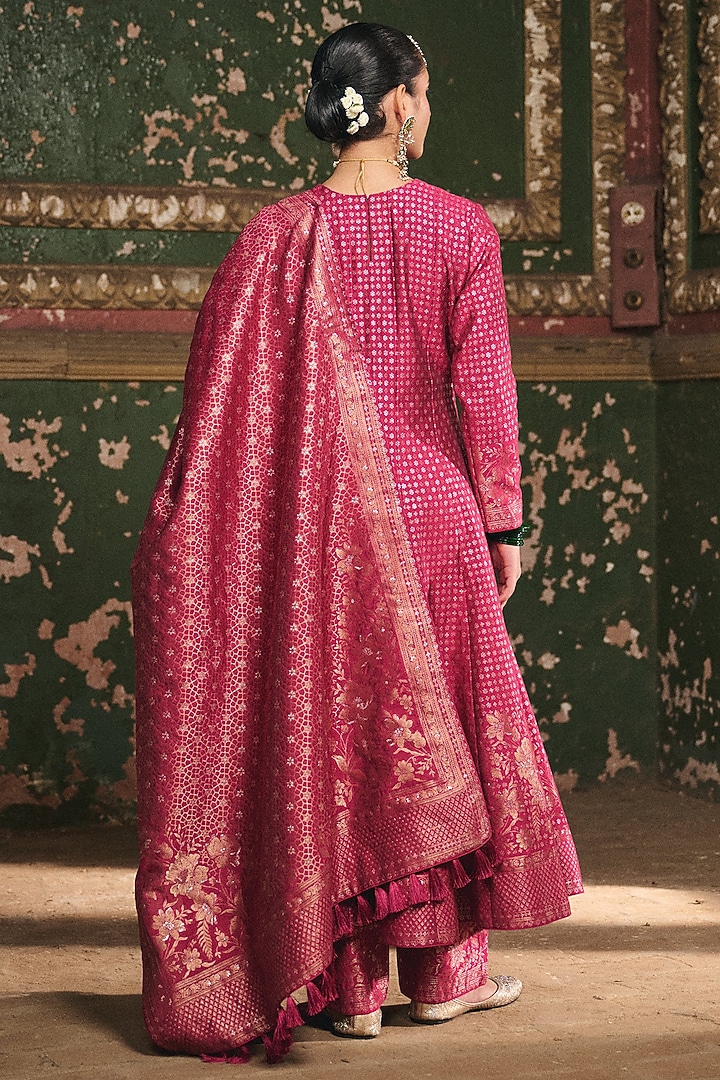 Magenta Premium Vegan Silk Hand Block Printed Wedding Anarkali Set by Safaa at Pernia's Pop Up Shop