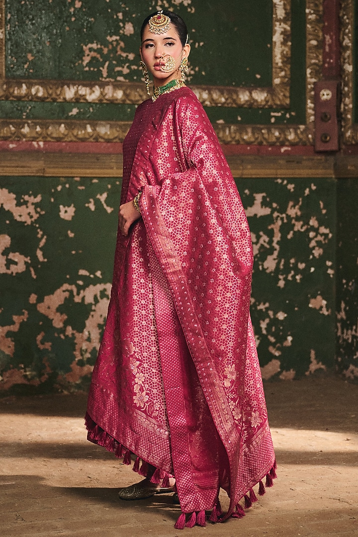 Magenta Premium Vegan Silk Hand Block Printed Wedding Anarkali Set by Safaa at Pernia's Pop Up Shop