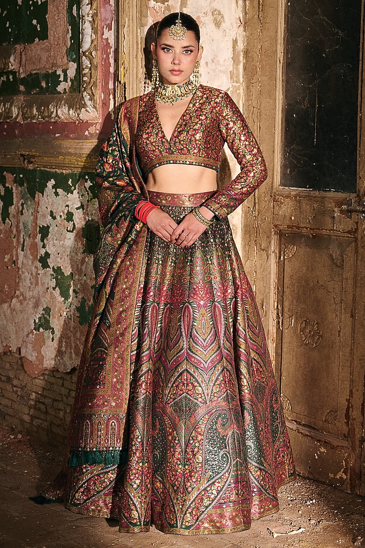 Multi-Colored Premium Moonga Silk Weave Embroidered Woven Wedding Lehenga Set by Safaa at Pernia's Pop Up Shop