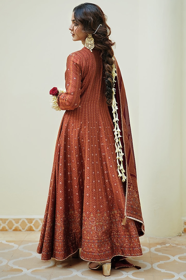 Crimson Red Self Woven Vegan Silk Chikankari Jacket Wedding Anarkali Set by Safaa at Pernia's Pop Up Shop