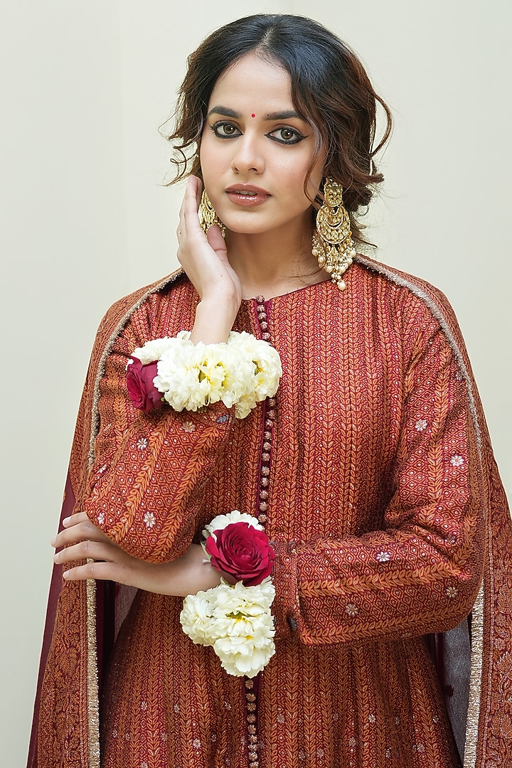 Crimson Red Self Woven Vegan Silk Chikankari Jacket Wedding Anarkali Set by Safaa at Pernia's Pop Up Shop