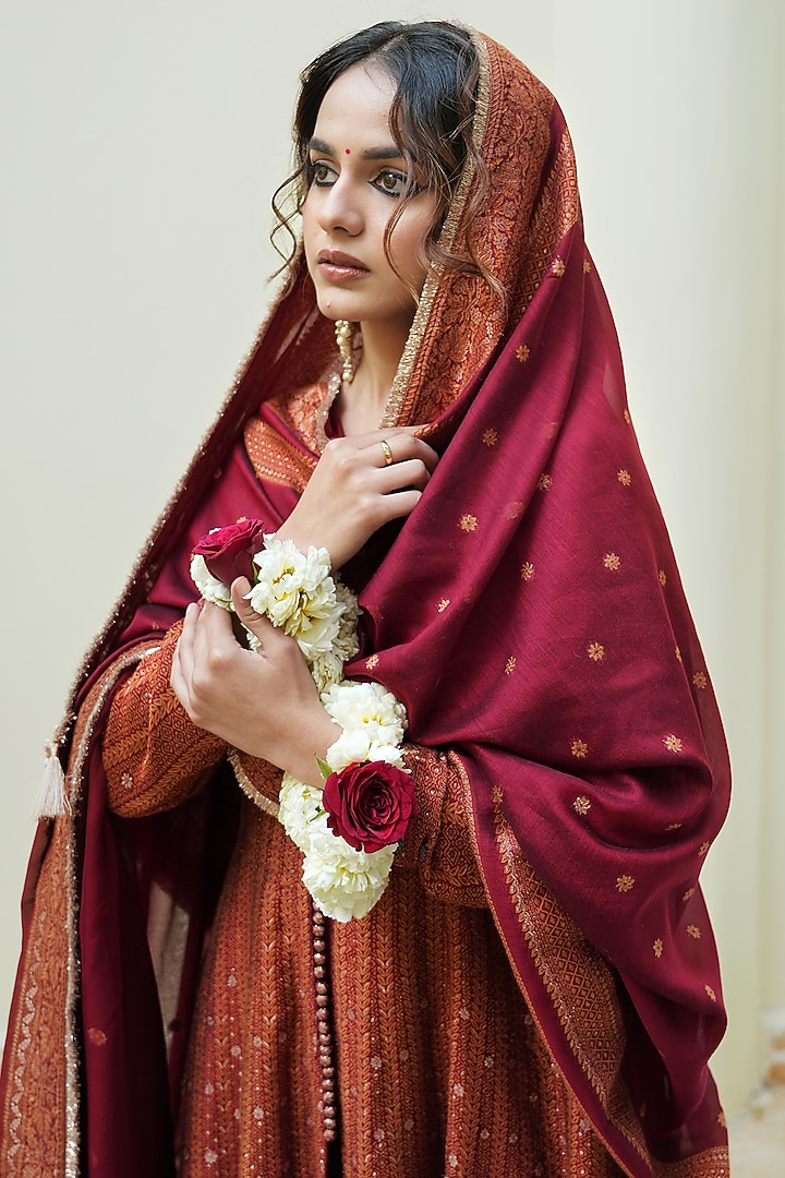 Crimson Red Self Woven Vegan Silk Chikankari Jacket Wedding Anarkali Set by Safaa at Pernia's Pop Up Shop