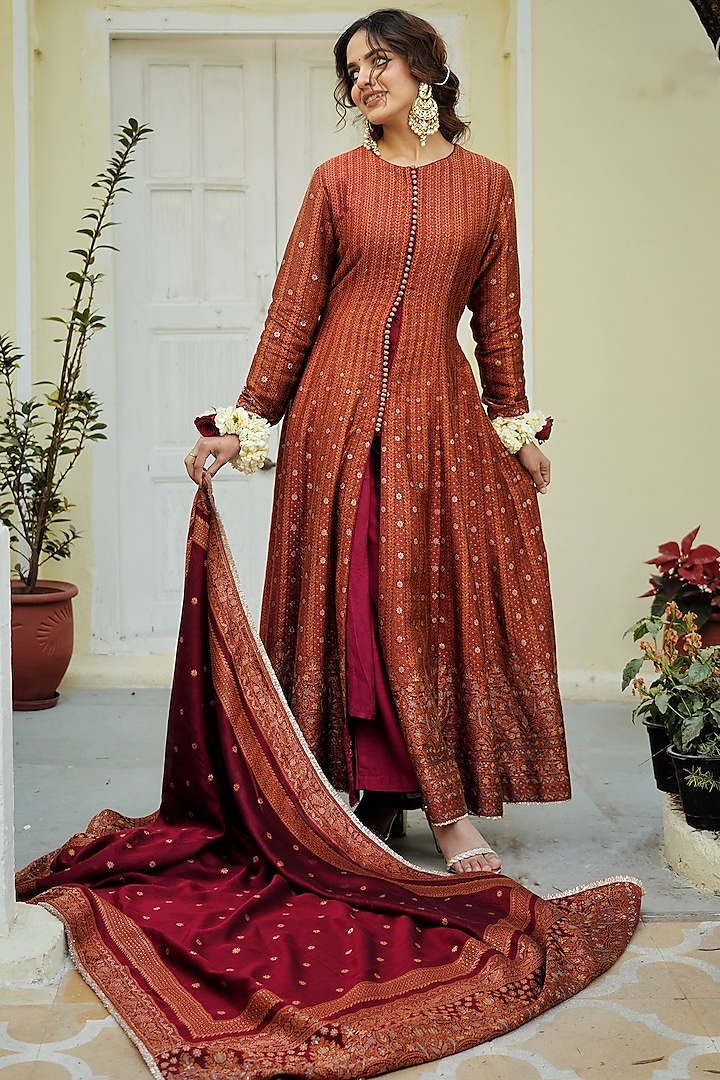 Crimson Red Self Woven Vegan Silk Chikankari Jacket Wedding Anarkali Set by Safaa at Pernia's Pop Up Shop
