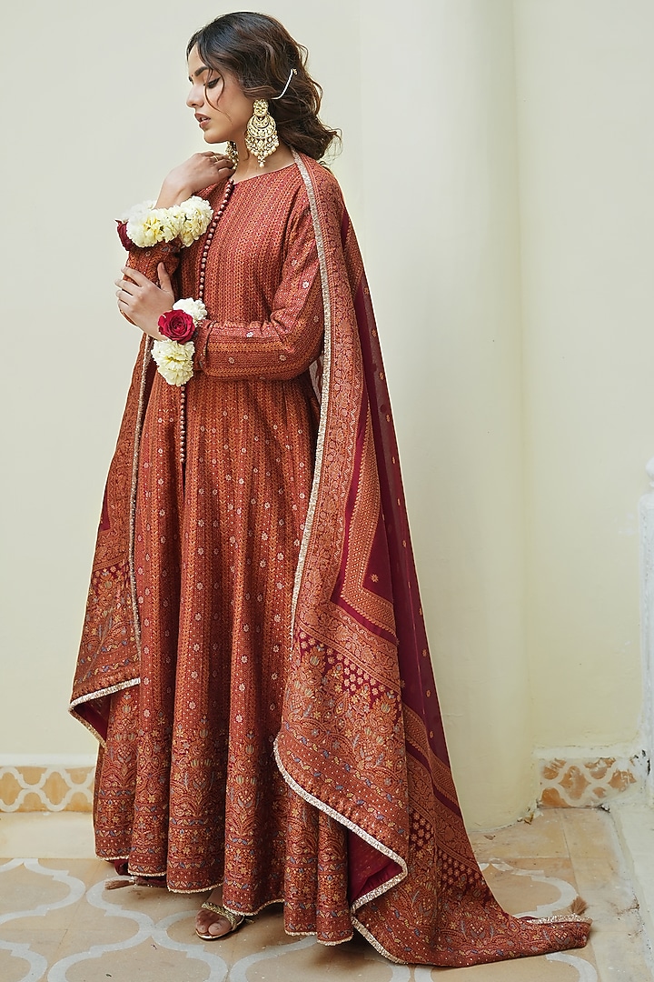 Crimson Red Self Woven Vegan Silk Chikankari Jacket Wedding Anarkali Set by Safaa at Pernia's Pop Up Shop