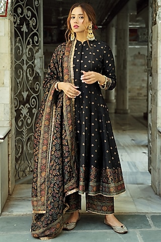 Black Self Woven Vegan Silk Kanthakari Anarkali Set by Safaa
