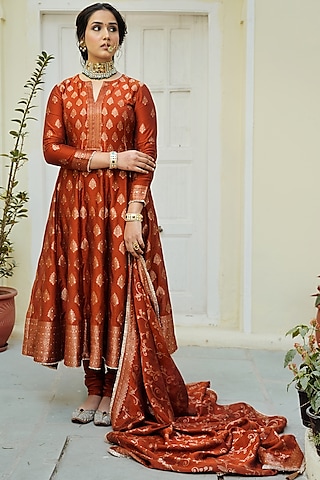 Rust Self Woven Vegan Silk Anarkali Set by Safaa
