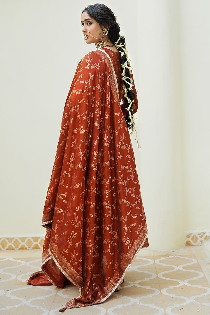 Rust Self Woven Vegan Silk Wedding Anarkali Set by Safaa at Pernia's Pop Up Shop