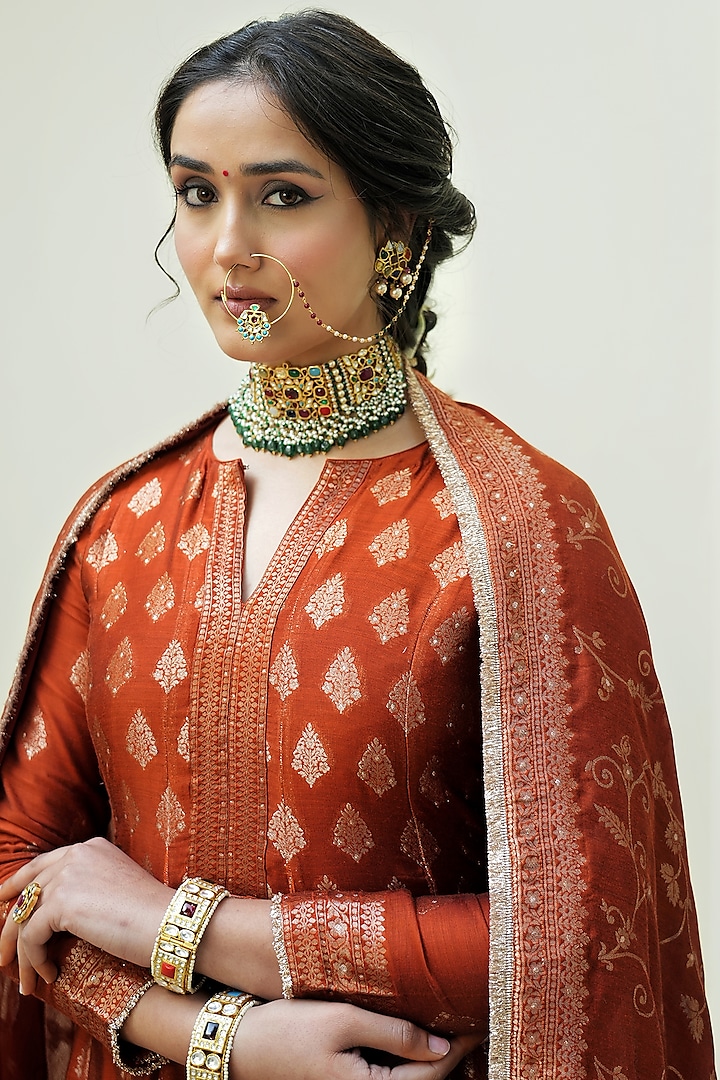 Rust Self Woven Vegan Silk Wedding Anarkali Set by Safaa at Pernia's Pop Up Shop