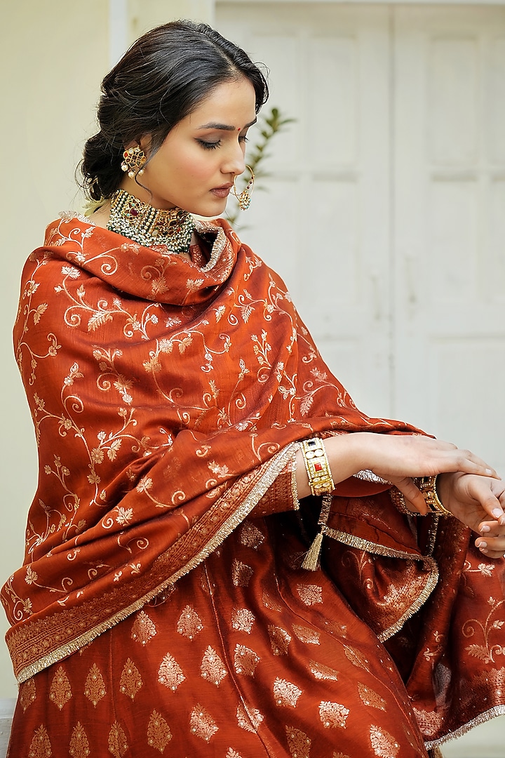 Rust Self Woven Vegan Silk Wedding Anarkali Set by Safaa at Pernia's Pop Up Shop
