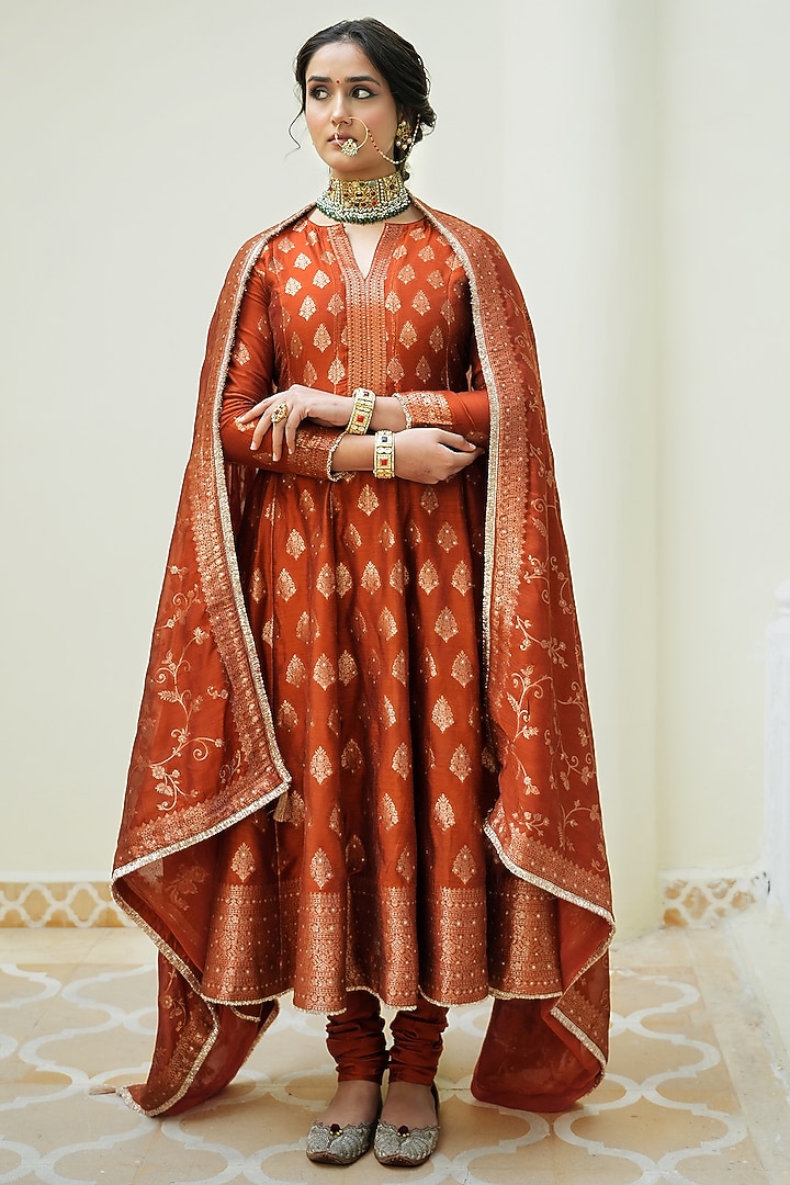 Rust Self Woven Vegan Silk Wedding Anarkali Set by Safaa at Pernia's Pop Up Shop