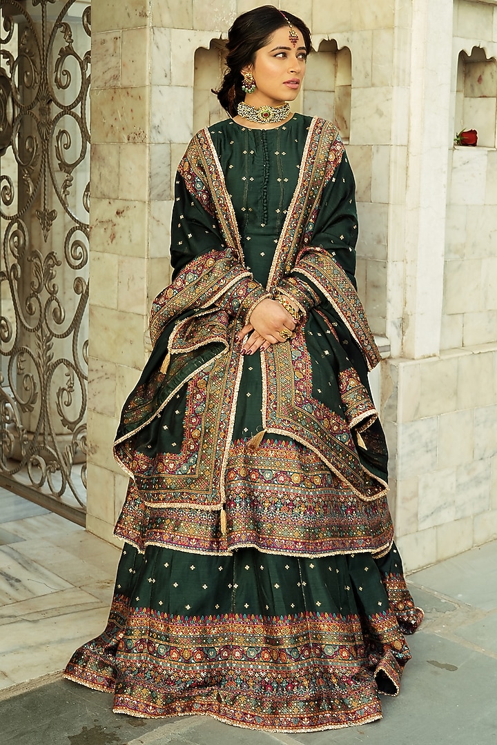 Bottle Green Self Woven Vegan Silk Wedding Lehenga Set by Safaa at Pernia's Pop Up Shop