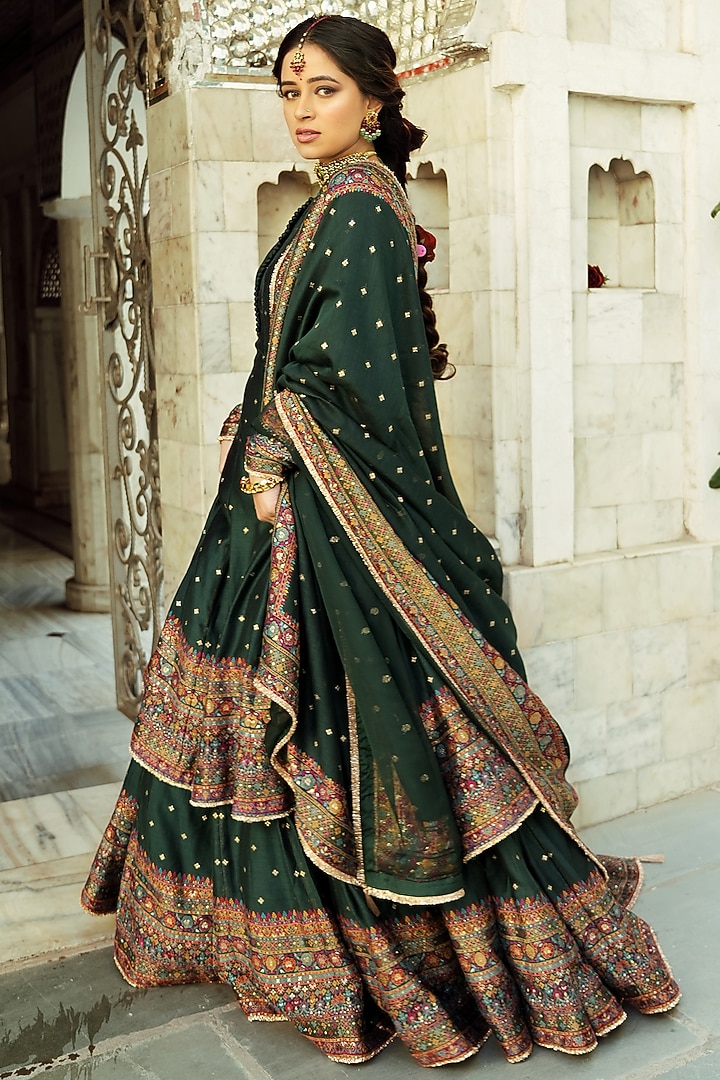 Bottle Green Self Woven Vegan Silk Wedding Lehenga Set by Safaa at Pernia's Pop Up Shop