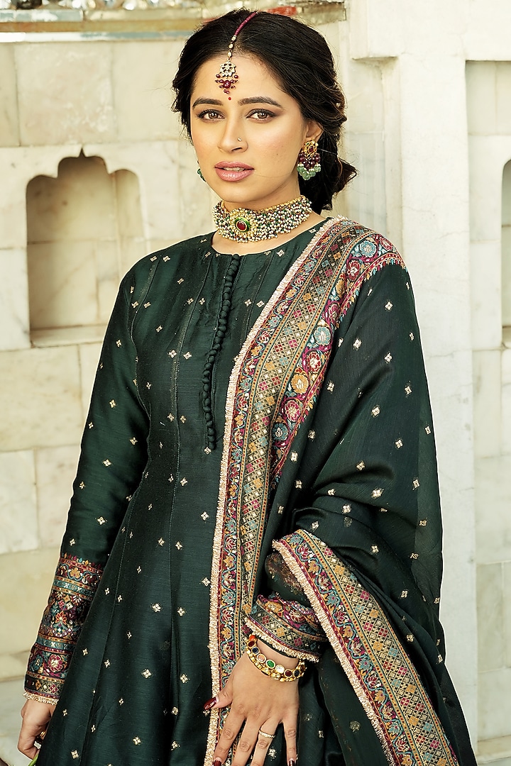 Bottle Green Self Woven Vegan Silk Wedding Lehenga Set by Safaa at Pernia's Pop Up Shop