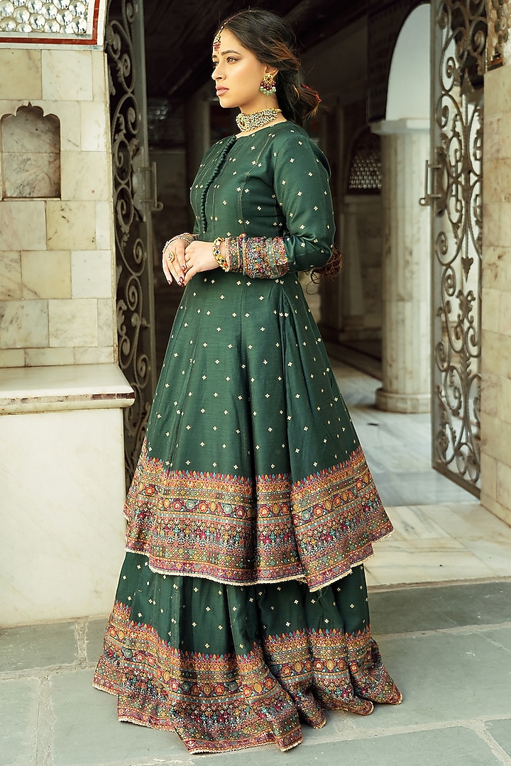Bottle Green Self Woven Vegan Silk Wedding Lehenga Set by Safaa at Pernia's Pop Up Shop