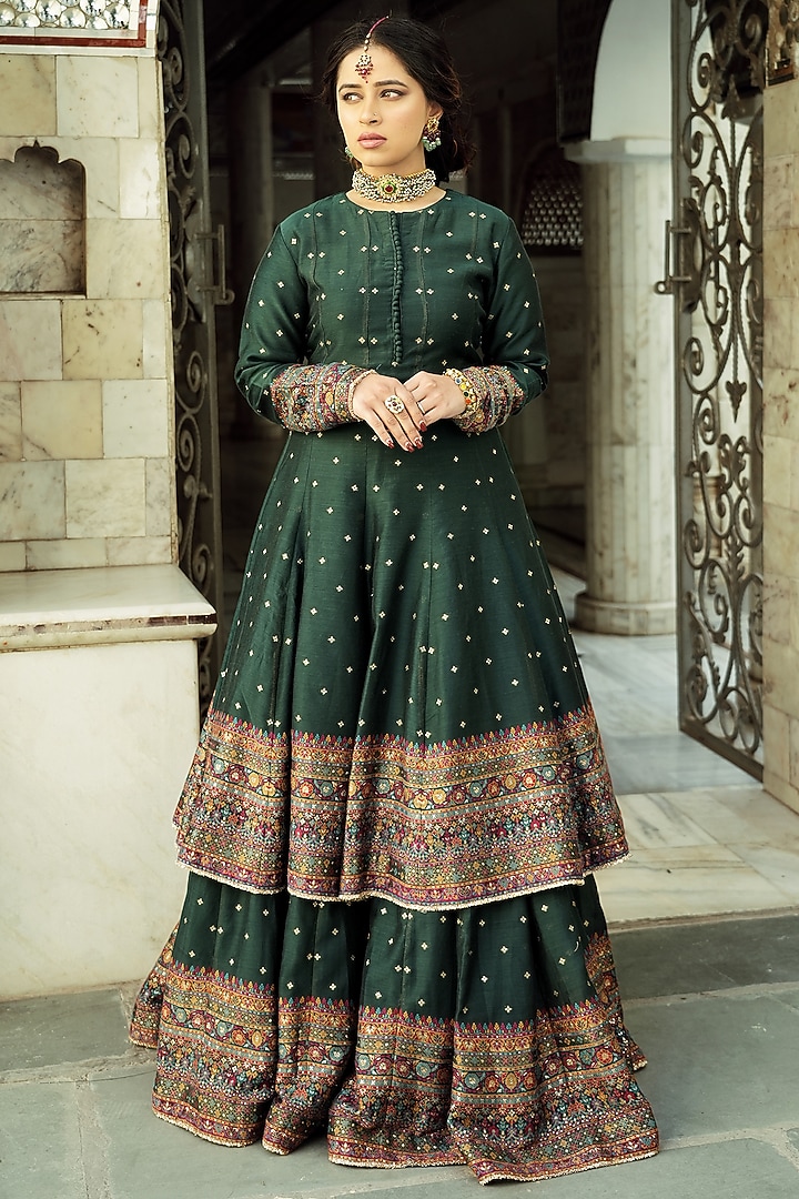 Bottle Green Self Woven Vegan Silk Wedding Lehenga Set by Safaa at Pernia's Pop Up Shop