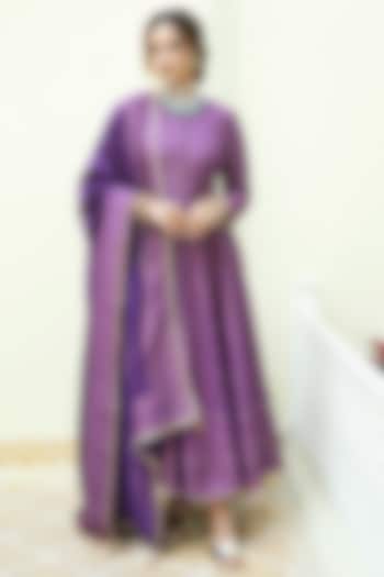 Purple Self Woven Vegan Silk Chikankari Anarkali Set by Safaa