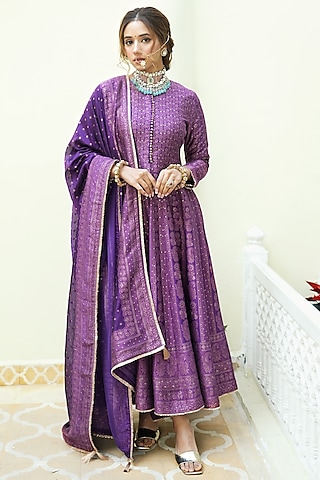 Purple Self Woven Vegan Silk Chikankari Anarkali Set by Safaa