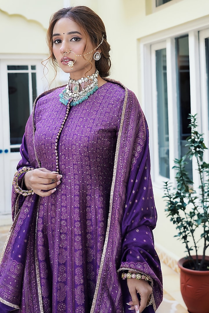 Purple Self Woven Vegan Silk Chikankari Wedding Anarkali Set by Safaa at Pernia's Pop Up Shop