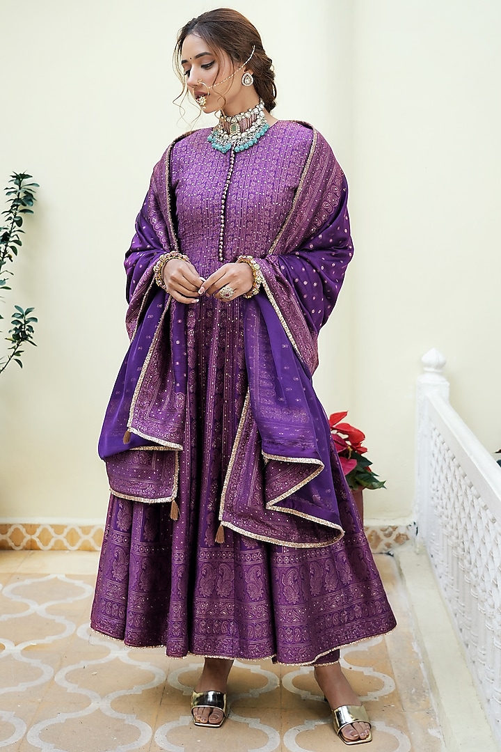 Purple Self Woven Vegan Silk Chikankari Wedding Anarkali Set by Safaa at Pernia's Pop Up Shop