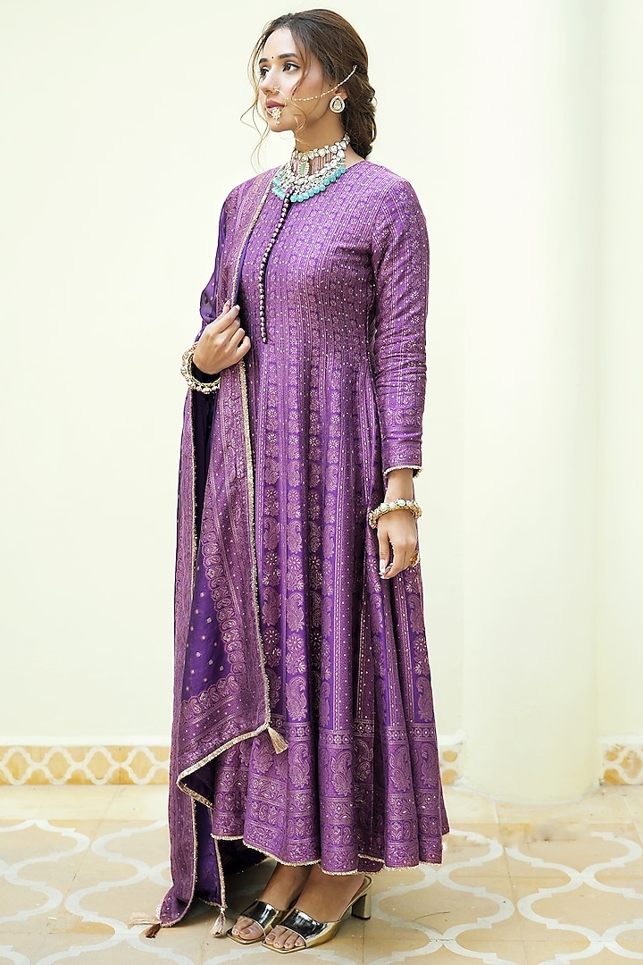 Purple Self Woven Vegan Silk Chikankari Wedding Anarkali Set by Safaa at Pernia's Pop Up Shop