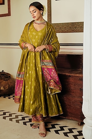 Lime Green Self Woven Vegan Silk Anarkali Set by Safaa