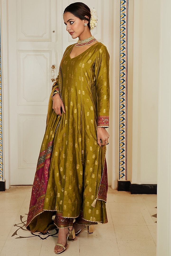 Lime Green Self Woven Vegan Silk Wedding Anarkali Set by Safaa at Pernia's Pop Up Shop
